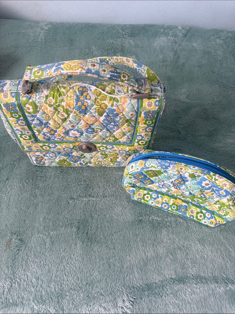 Vera Bradley Quilted Floral Cosmetic Bag Set in Blue, Green & Yellow